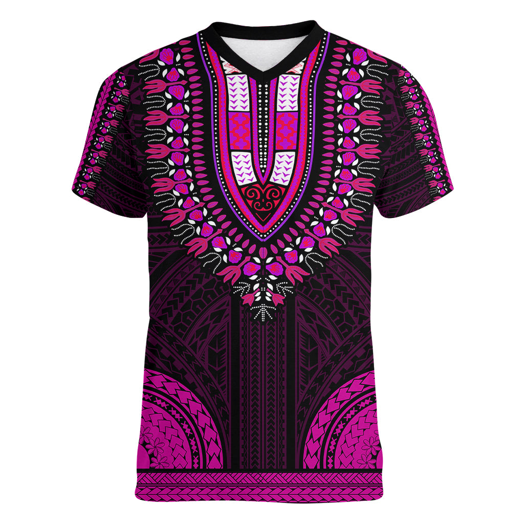 African Dashiki Women V Neck T Shirt With Polynesian Pattern - Pink LT9 Female Pink - Polynesian Pride