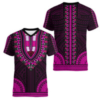 African Dashiki Women V Neck T Shirt With Polynesian Pattern - Pink LT9 - Polynesian Pride