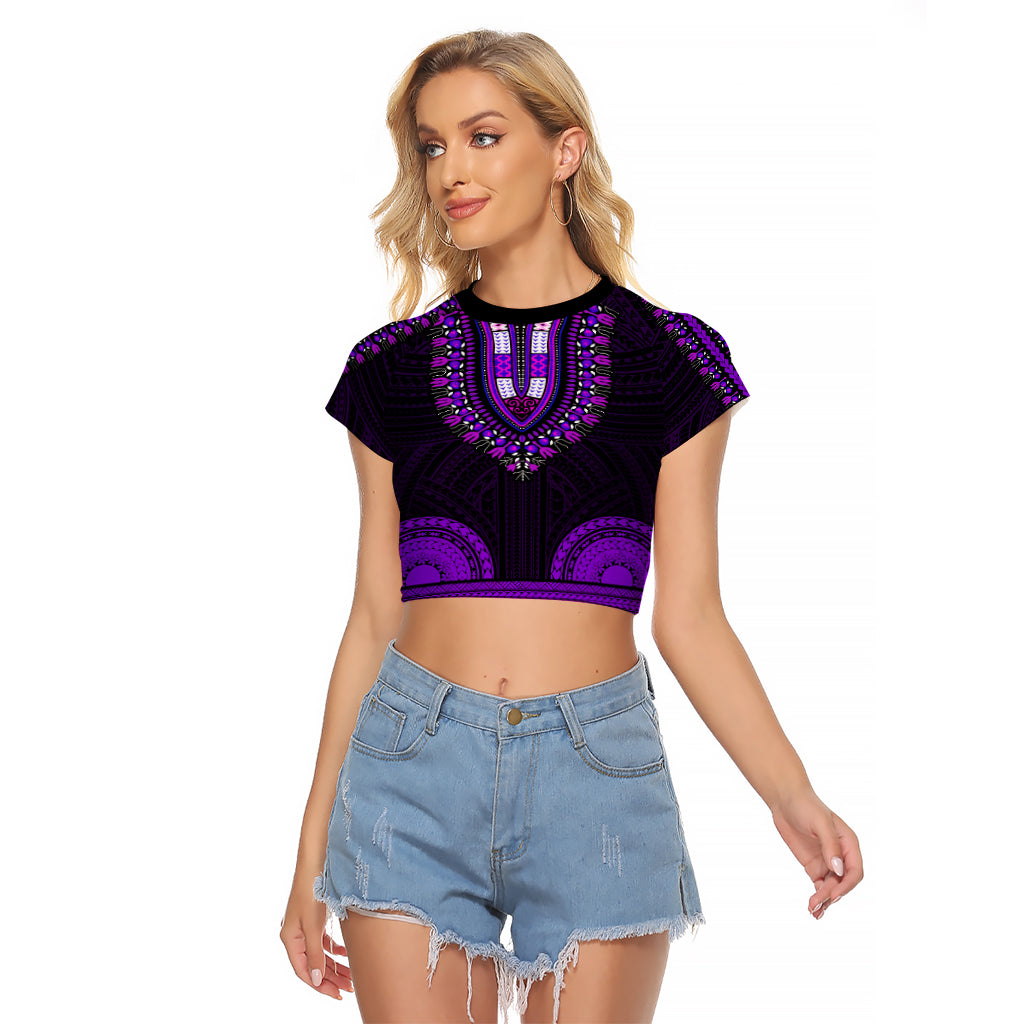 African Dashiki Raglan Cropped T Shirt With Polynesian Pattern - Purple LT9 Female Purple - Polynesian Pride