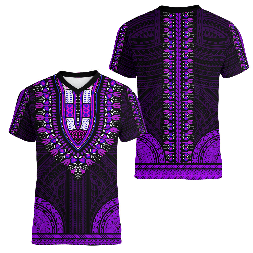 African Dashiki Women V Neck T Shirt With Polynesian Pattern - Purple LT9 - Polynesian Pride