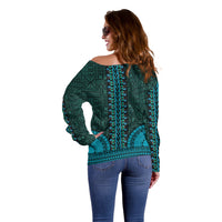 African Dashiki Off Shoulder Sweater With Tapa Pattern - Teal LT9 - Polynesian Pride