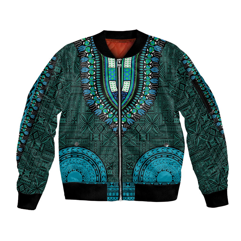 African Dashiki Sleeve Zip Bomber Jacket With Tapa Pattern - Teal LT9 Unisex Teal - Polynesian Pride