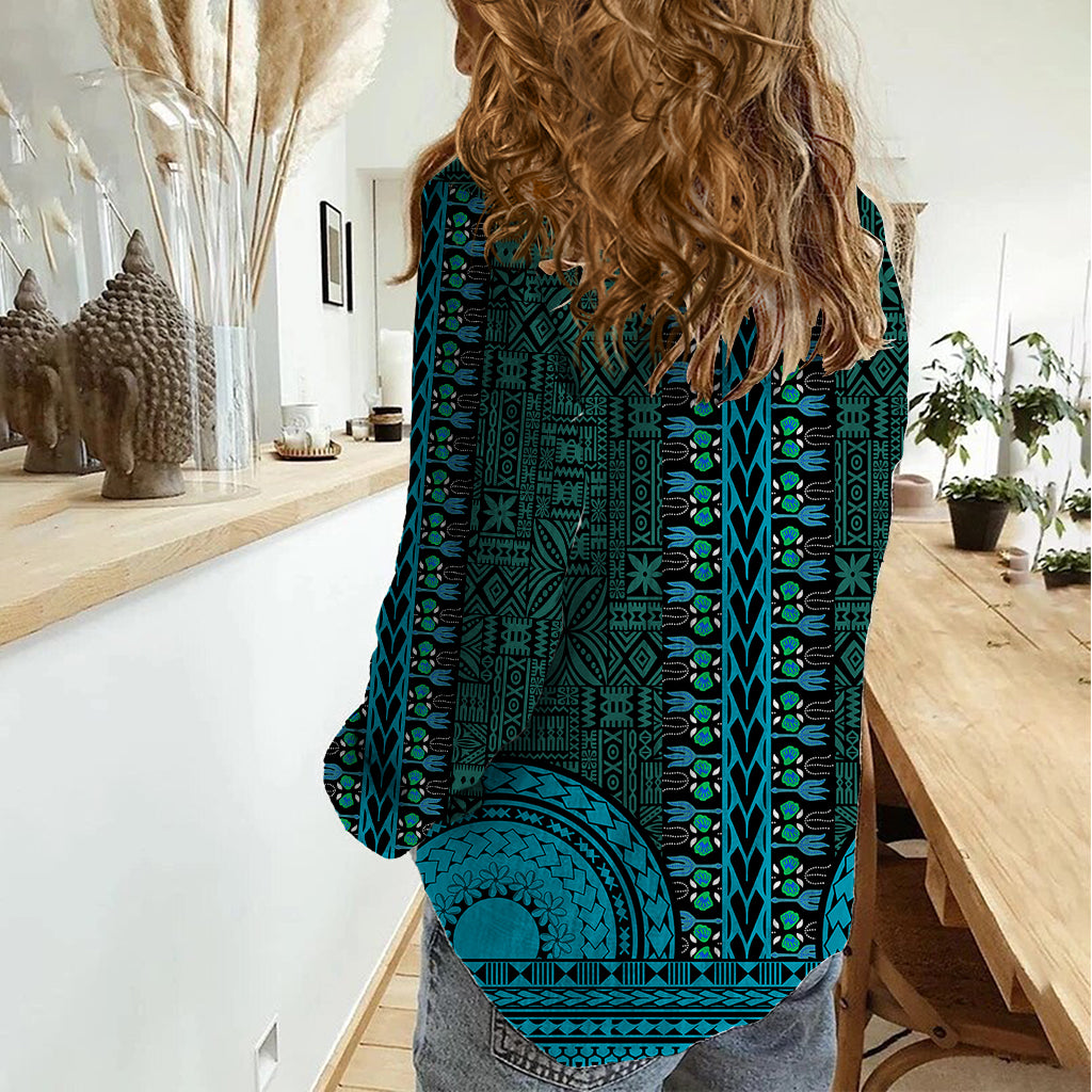 African Dashiki Women Casual Shirt With Tapa Pattern - Teal LT9 - Polynesian Pride