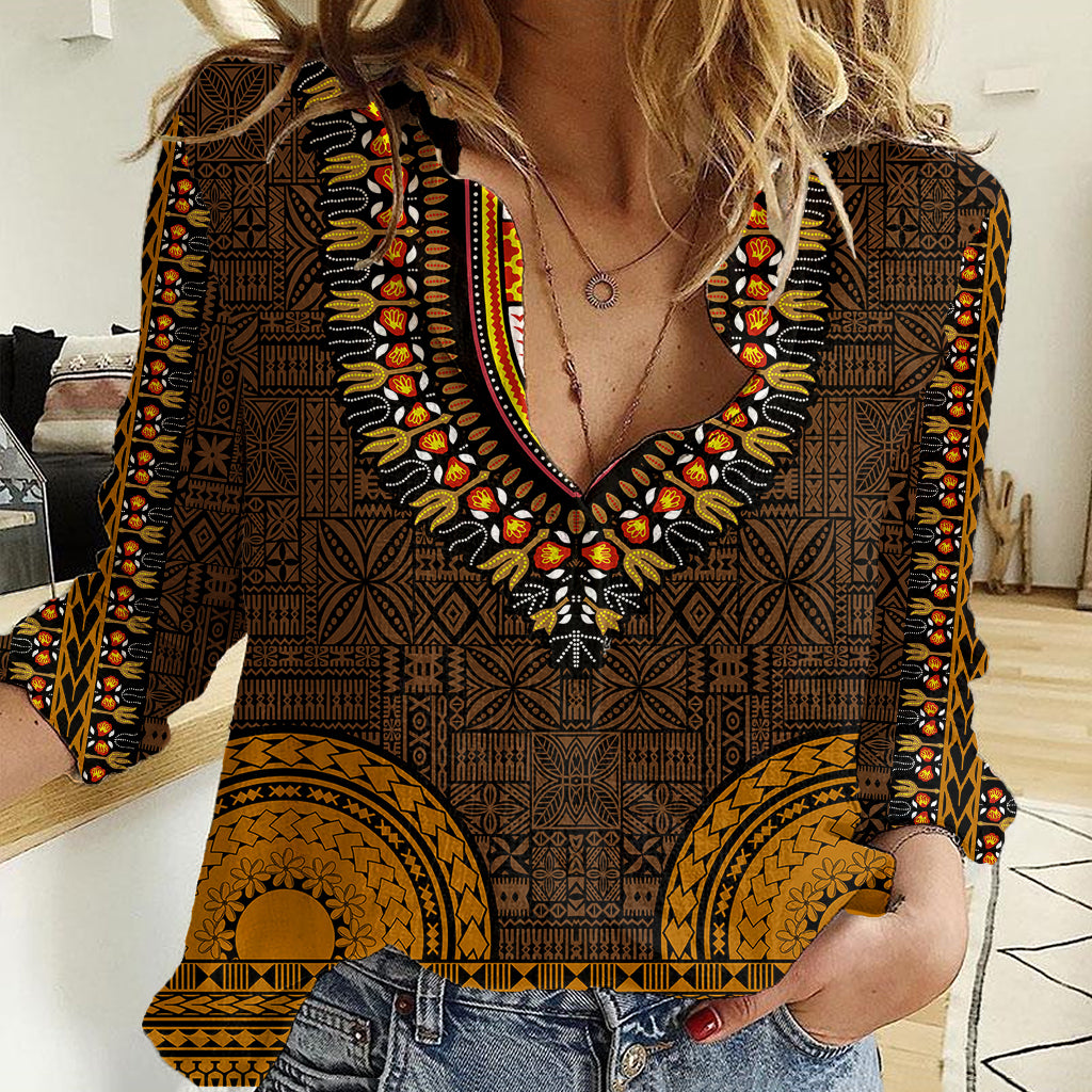 African Dashiki Women Casual Shirt With Tapa Pattern - Gold LT9 Female Gold - Polynesian Pride