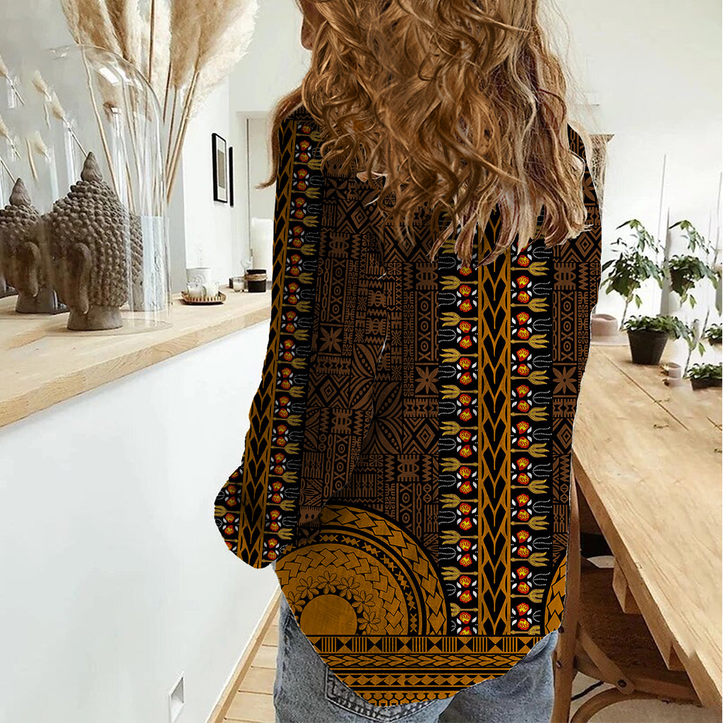African Dashiki Women Casual Shirt With Tapa Pattern - Gold LT9 - Polynesian Pride
