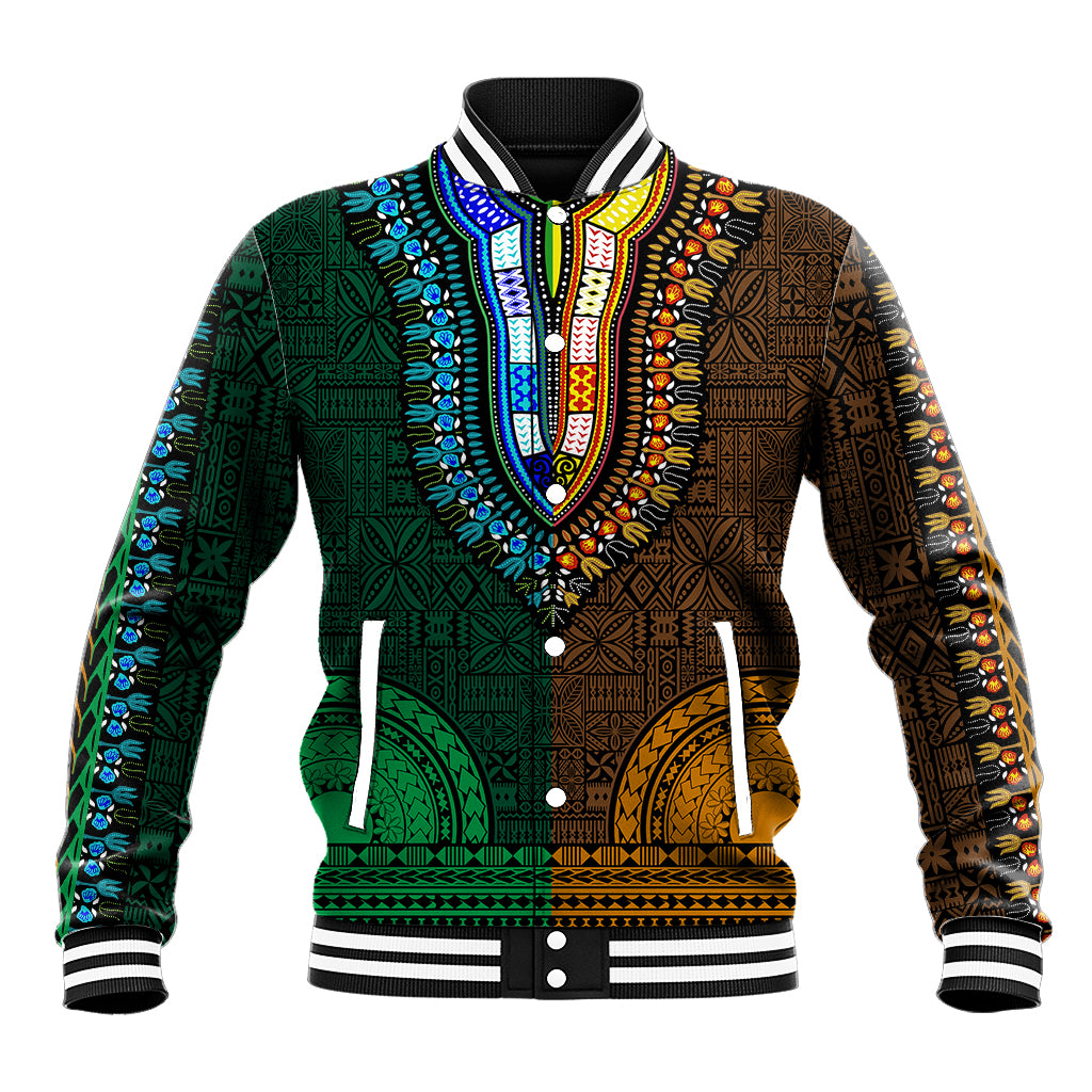 African Dashiki Baseball Jacket With Tapa Pattern - Half Green and Gold LT9 Unisex Green and Gold - Polynesian Pride
