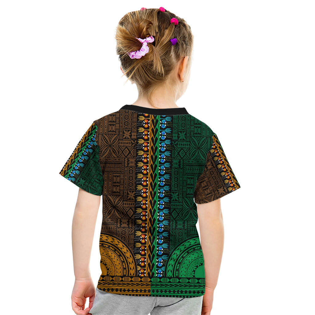 African Dashiki Kid T Shirt With Tapa Pattern - Half Green and Gold LT9 - Polynesian Pride