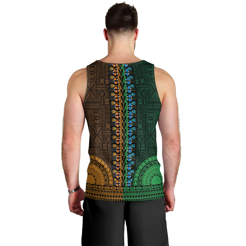 African Dashiki Men Tank Top With Tapa Pattern - Half Green and Gold LT9 - Polynesian Pride