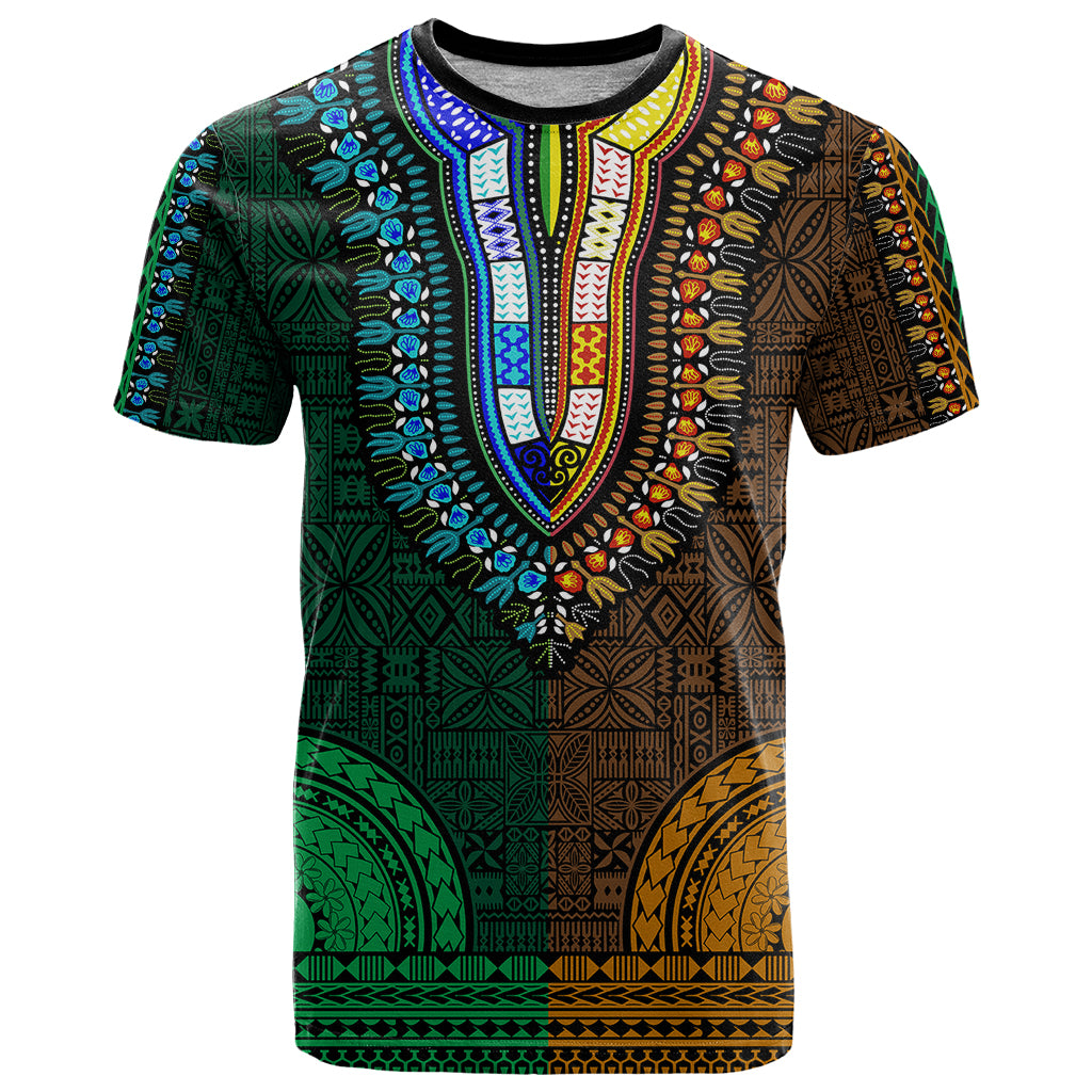 African Dashiki T Shirt With Tapa Pattern Half Green and Gold LT9 Green and Gold - Polynesian Pride