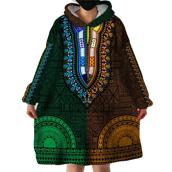 Gold Dashiki and Tapa Pattern Wearable Blanket Hoodie Africa-Polynesia Together Culture LT9 main image 0