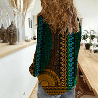 African Dashiki Women Casual Shirt With Tapa Pattern - Half Green and Gold LT9 - Polynesian Pride