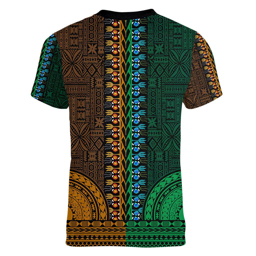 African Dashiki Women V Neck T Shirt With Tapa Pattern - Half Green and Gold LT9 - Polynesian Pride
