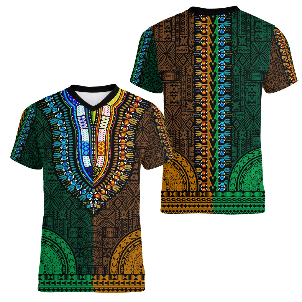 African Dashiki Women V Neck T Shirt With Tapa Pattern - Half Green and Gold LT9 - Polynesian Pride