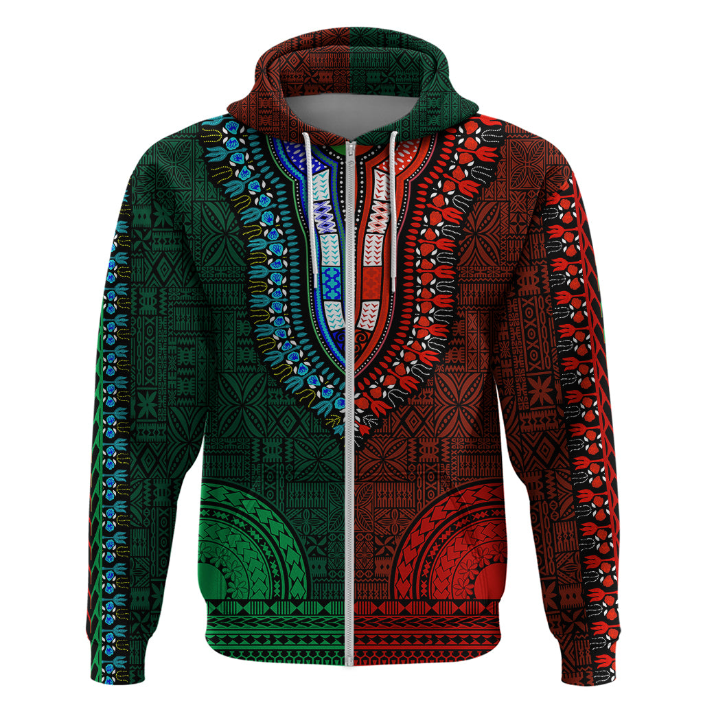 African Dashiki Hoodie With Tapa Pattern Half Green and Red LT9 Zip Hoodie Green and Red - Polynesian Pride