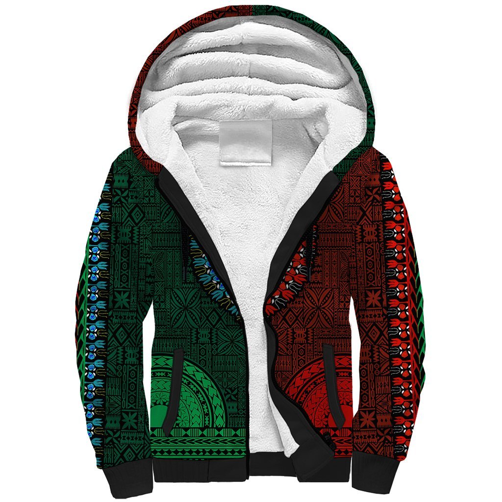 African Dashiki Sherpa Hoodie With Tapa Pattern - Half Green and Red LT9 Unisex Green and Red - Polynesian Pride