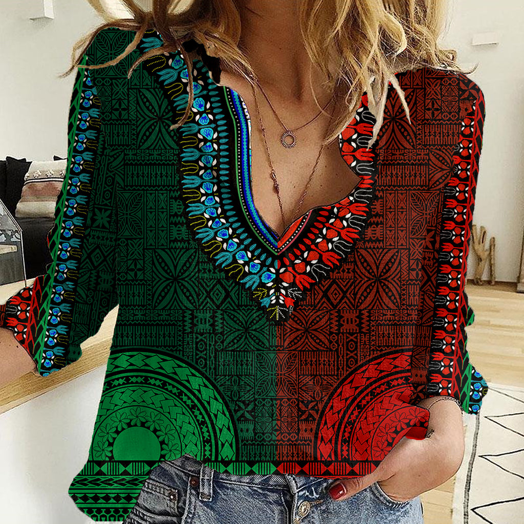 African Dashiki Women Casual Shirt With Tapa Pattern - Half Green and Red LT9 Female Green and Red - Polynesian Pride
