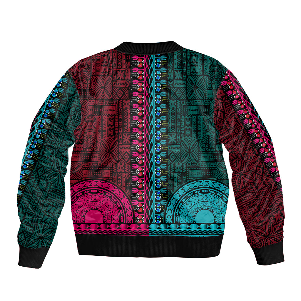African Dashiki Bomber Jacket With Tapa Pattern - Half Teal and Pink LT9 - Polynesian Pride