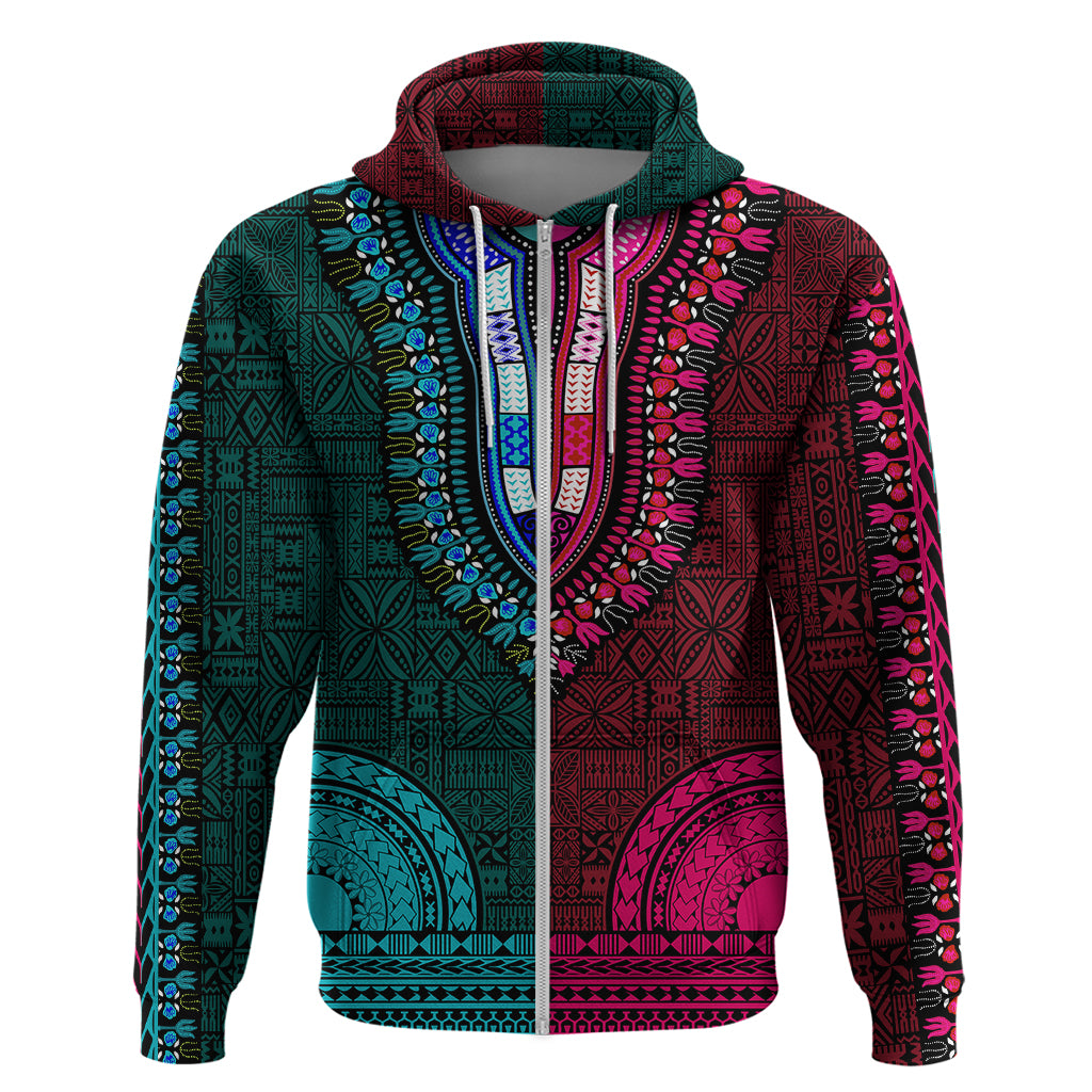 African Dashiki Hoodie With Tapa Pattern Half Teal and Pink LT9 Zip Hoodie Teal and Pink - Polynesian Pride