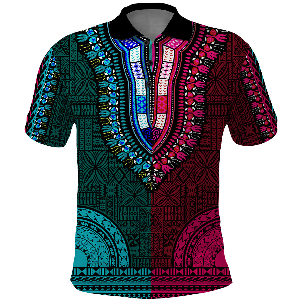 African Dashiki Polo Shirt With Tapa Pattern Half Teal and Pink LT9 Teal and Pink - Polynesian Pride