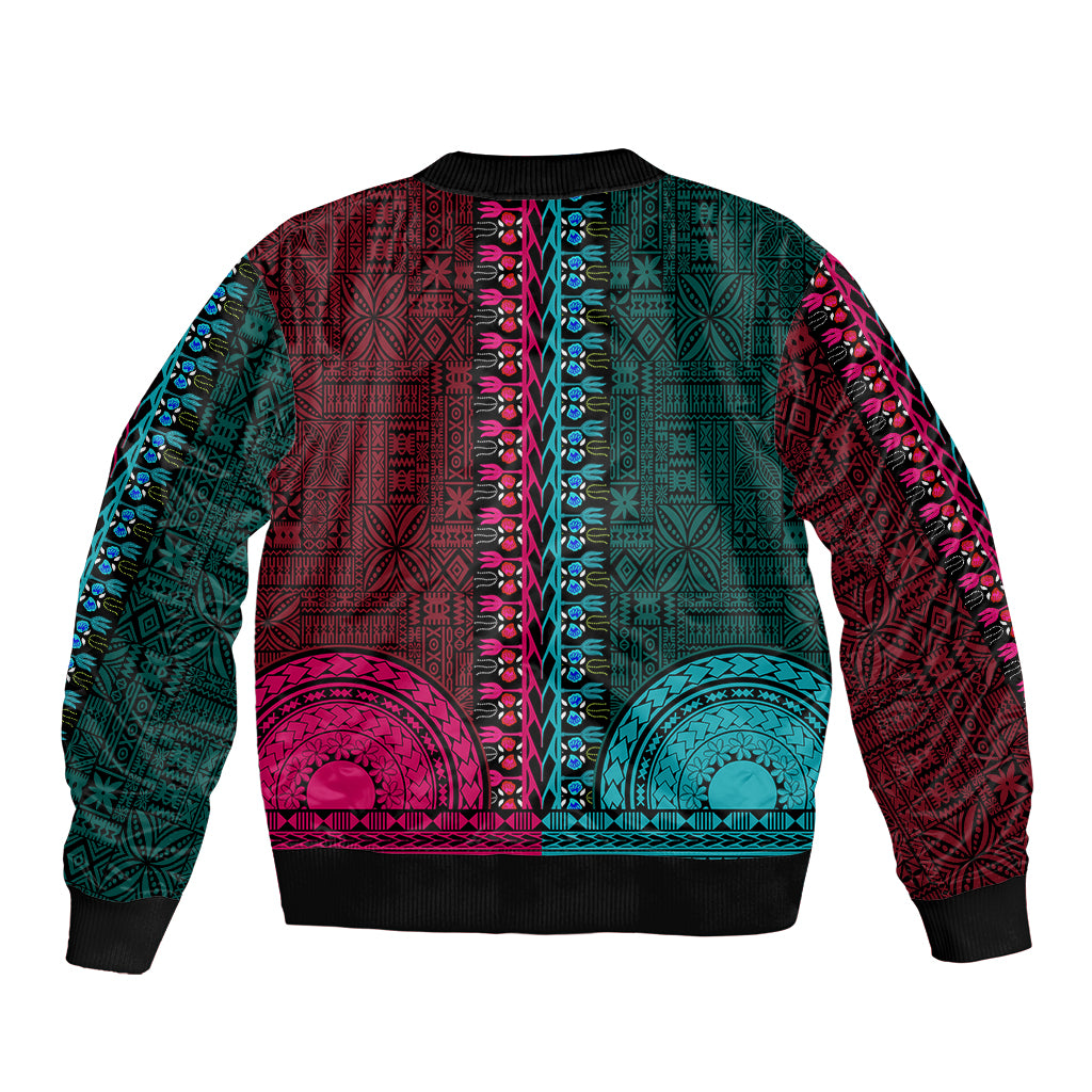African Dashiki Sleeve Zip Bomber Jacket With Tapa Pattern - Half Teal and Pink LT9 - Polynesian Pride