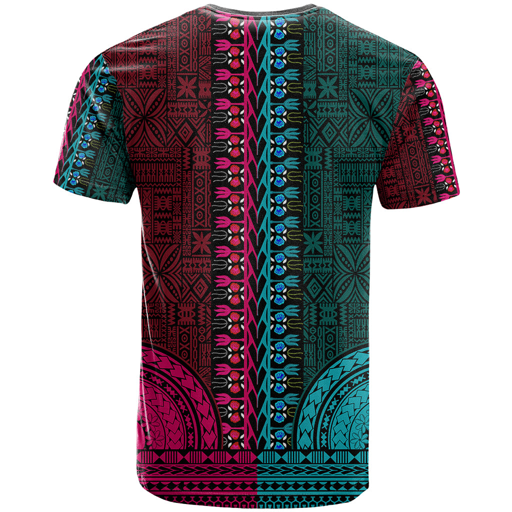 African Dashiki T Shirt With Tapa Pattern Half Teal and Pink LT9 - Polynesian Pride