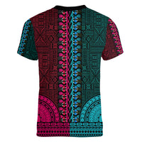 African Dashiki Women V Neck T Shirt With Tapa Pattern - Half Teal and Pink LT9 - Polynesian Pride