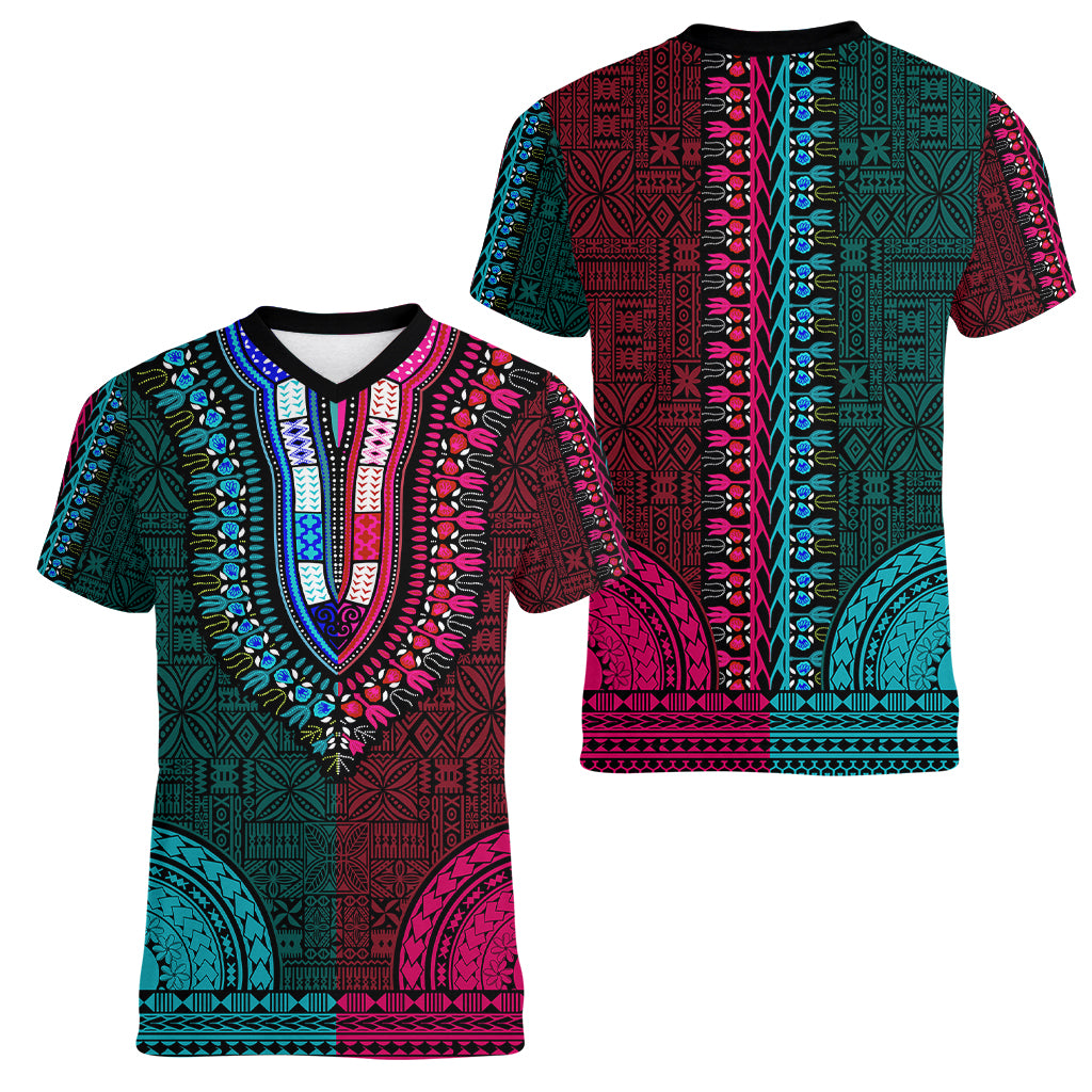 African Dashiki Women V Neck T Shirt With Tapa Pattern - Half Teal and Pink LT9 - Polynesian Pride
