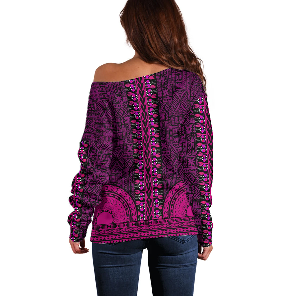 African Dashiki Off Shoulder Sweater With Tapa Pattern - Pink LT9 - Polynesian Pride
