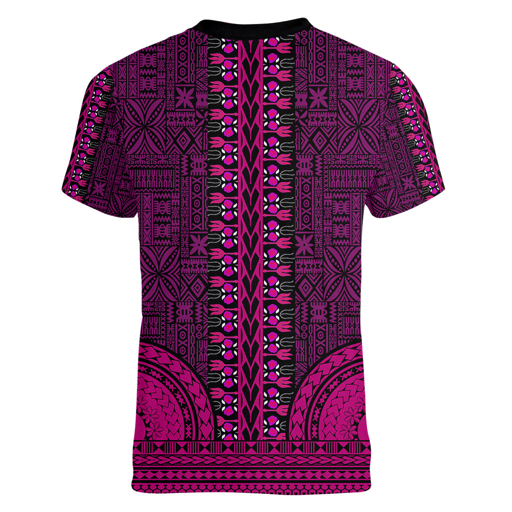 African Dashiki Women V Neck T Shirt With Tapa Pattern - Pink LT9 - Polynesian Pride