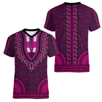 African Dashiki Women V Neck T Shirt With Tapa Pattern - Pink LT9 - Polynesian Pride