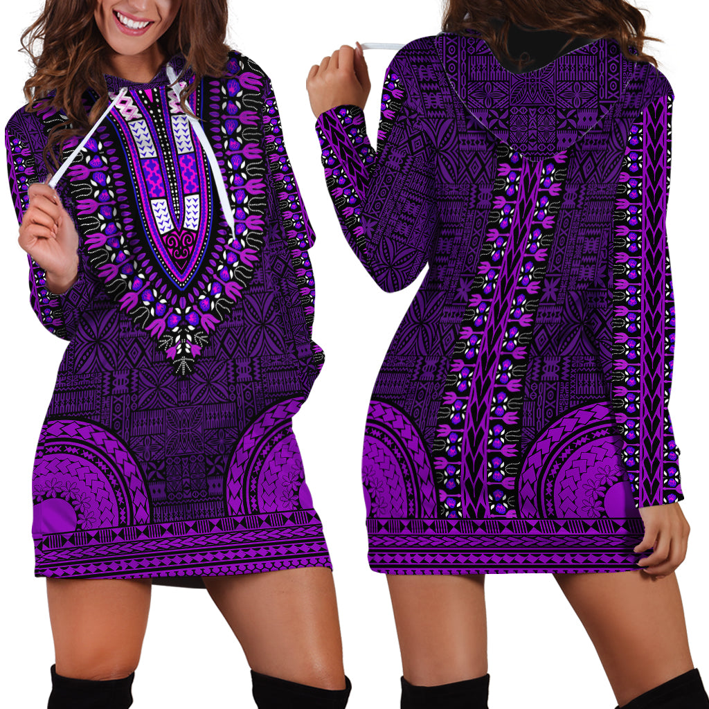 African Dashiki Hoodie Dress With Tapa Pattern - Purple LT9 - Polynesian Pride