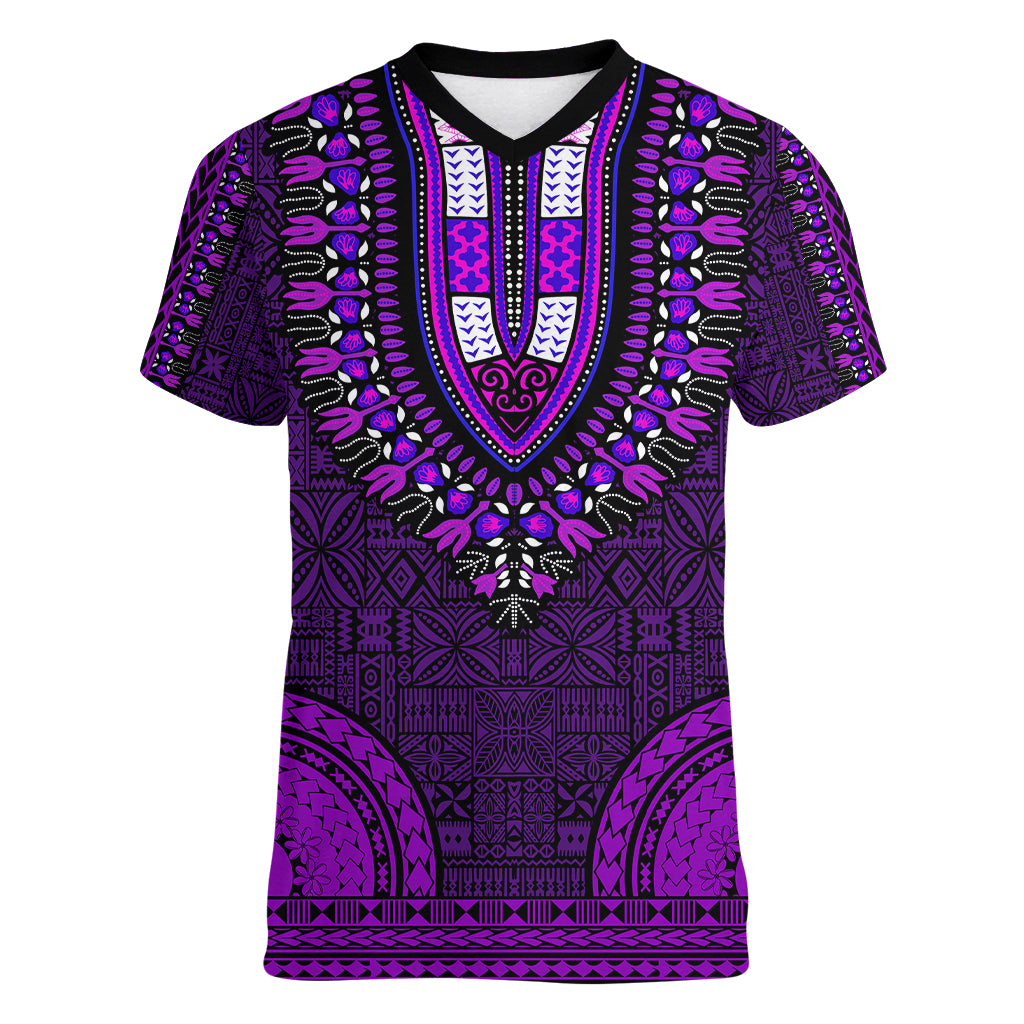 African Dashiki Women V Neck T Shirt With Tapa Pattern - Purple LT9 Female Purple - Polynesian Pride