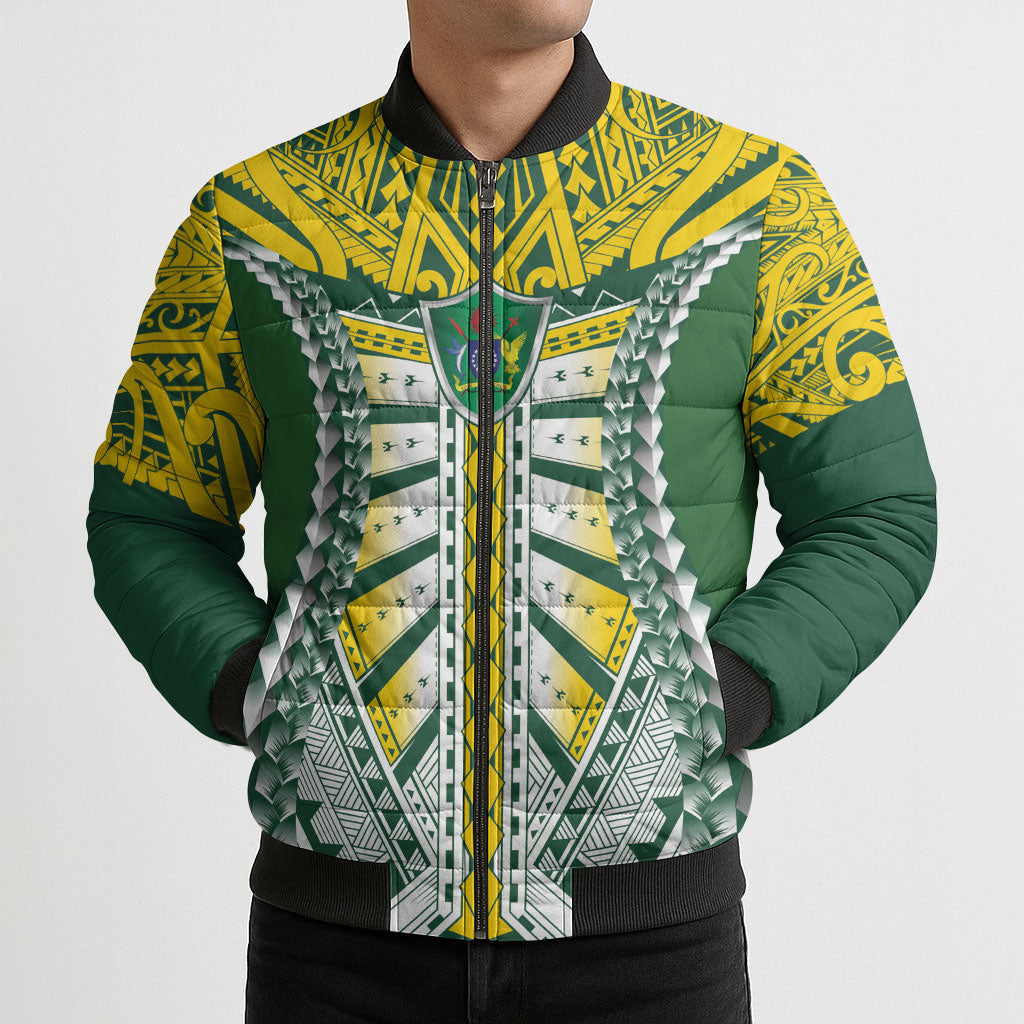Cook Islands 1965 National Pride Bomber Puffer Jacket Green Yellow Tribal Pattern LT9 - Polynesian Pride
