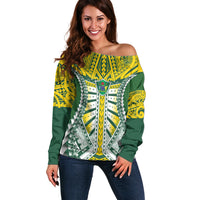 Cook Islands 1965 National Pride Off Shoulder Sweater Green Yellow Tribal Pattern LT9 Women Green - Polynesian Pride