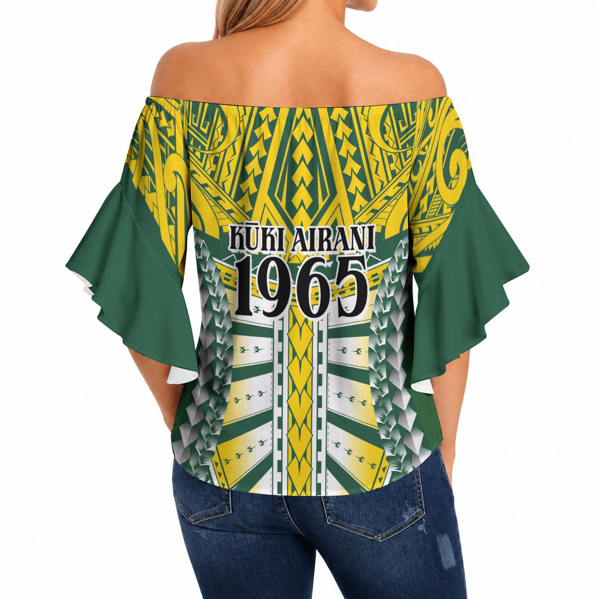Cook Islands 1965 National Pride Off Shoulder Wrap Waist Top Green Yellow Tribal Pattern LT9 - Polynesian Pride