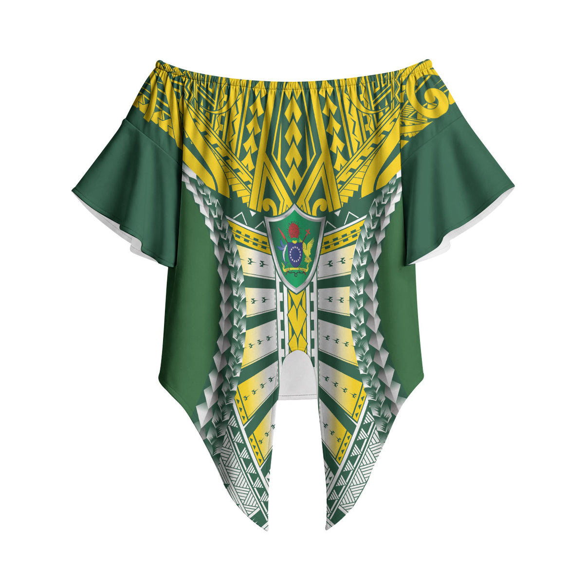 Cook Islands 1965 National Pride Off Shoulder Wrap Waist Top Green Yellow Tribal Pattern LT9 - Polynesian Pride