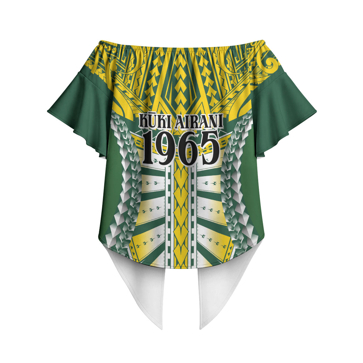 Cook Islands 1965 National Pride Off Shoulder Wrap Waist Top Green Yellow Tribal Pattern LT9 - Polynesian Pride