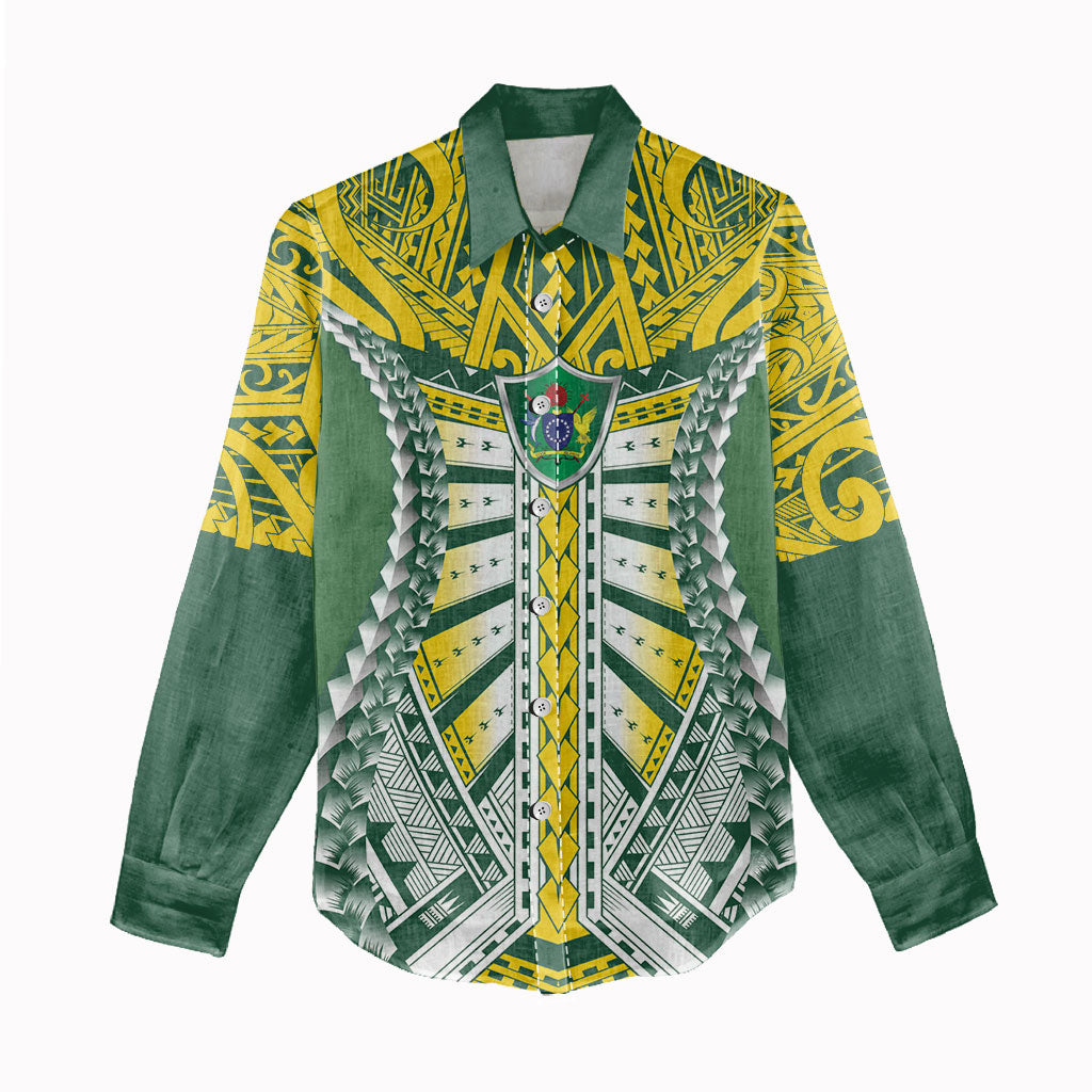 Cook Islands 1965 National Pride Women Casual Shirt Green Yellow Tribal Pattern LT9 - Polynesian Pride