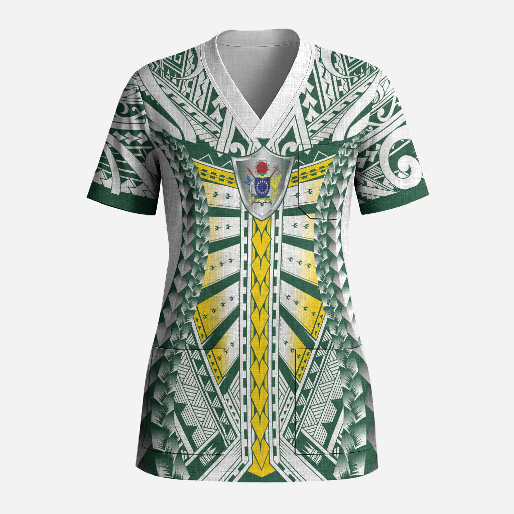 Cook Islands 1965 National Pride Scrub Top White Tribal Pattern LT9 Adult White - Polynesian Pride