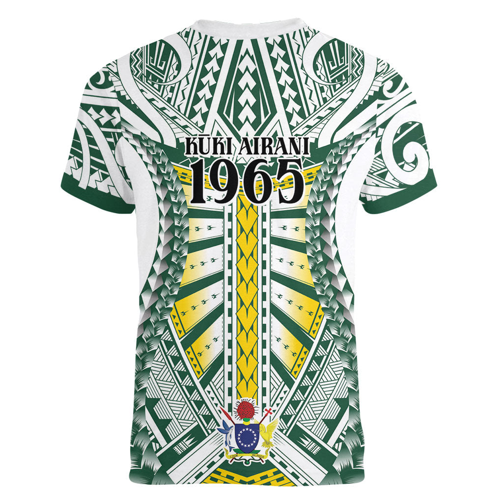 Cook Islands 1965 National Pride Women V-Neck T-Shirt White Tribal Pattern LT9 - Polynesian Pride