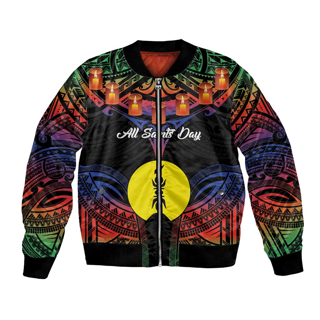Personalised New Caledonia All Saints Day Bomber Jacket Candle Light with Polynesian Style LT9 Unisex Black - Polynesian Pride