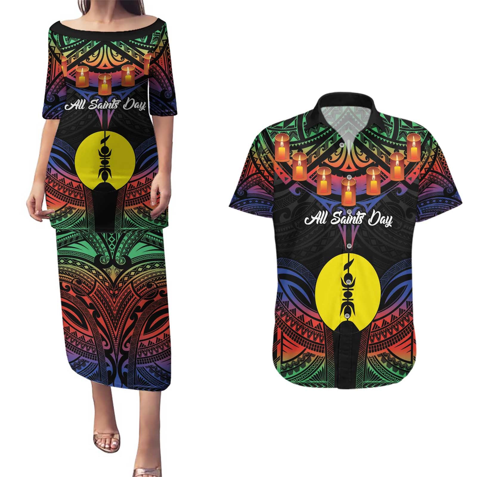 Personalised New Caledonia All Saints Day Couples Matching Puletasi and Hawaiian Shirt Candle Light with Polynesian Style LT9 Black - Polynesian Pride