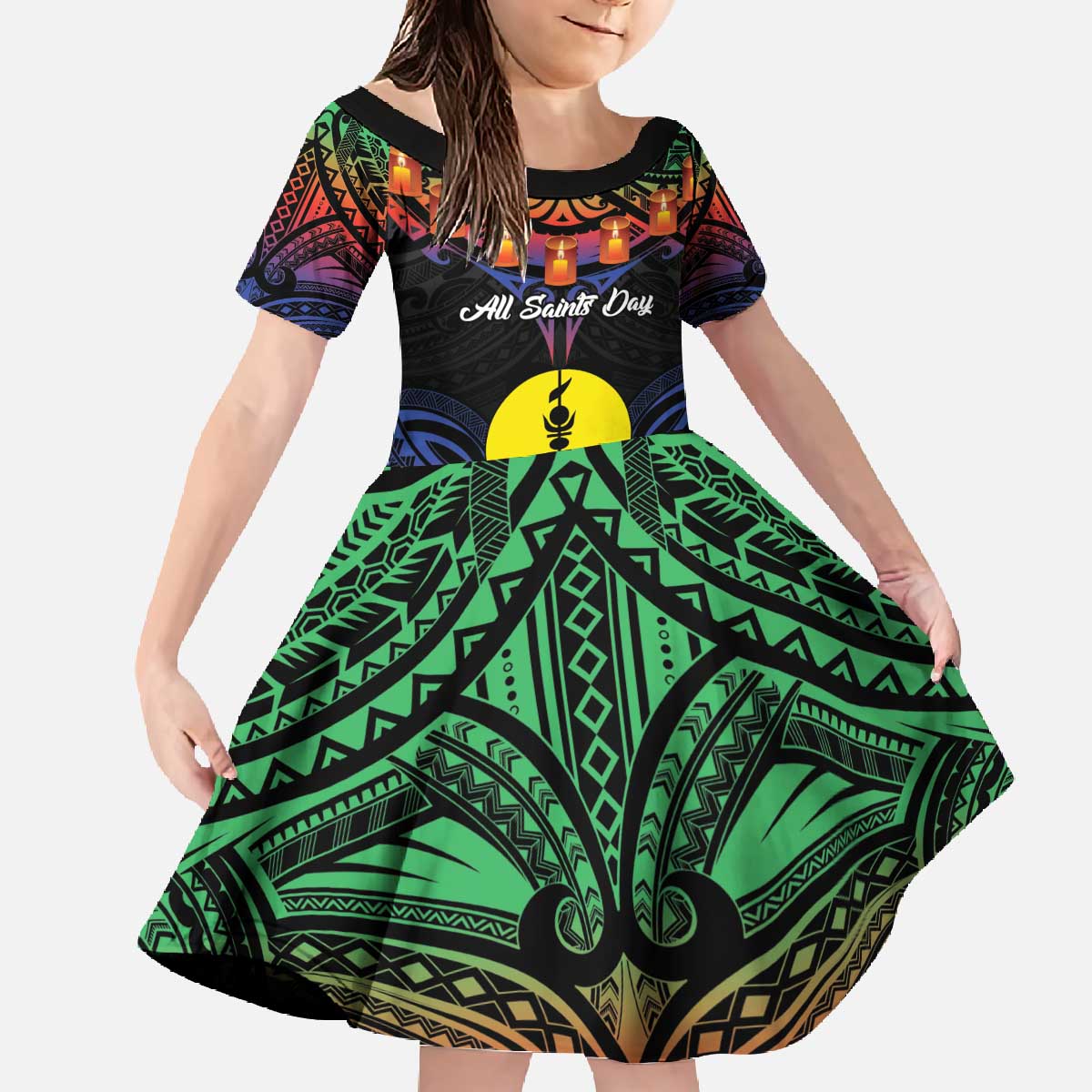 Personalised New Caledonia All Saints Day Family Matching Off The Shoulder Long Sleeve Dress and Hawaiian Shirt Candle Light with Polynesian Style LT9 Daughter's Dress Black - Polynesian Pride