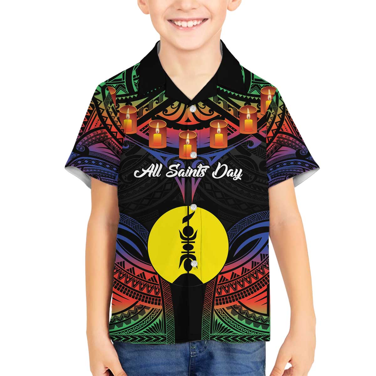 Personalised New Caledonia All Saints Day Family Matching Off The Shoulder Long Sleeve Dress and Hawaiian Shirt Candle Light with Polynesian Style LT9 Son's Shirt Black - Polynesian Pride