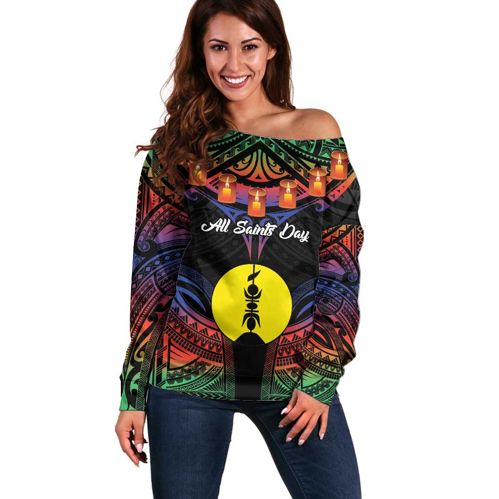 Personalised New Caledonia All Saints Day Off Shoulder Sweater Candle Light with Polynesian Style LT9 Women Black - Polynesian Pride