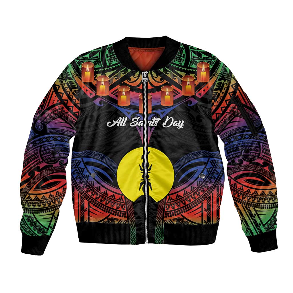Personalised New Caledonia All Saints Day Sleeve Zip Bomber Jacket Candle Light with Polynesian Style LT9 Unisex Black - Polynesian Pride