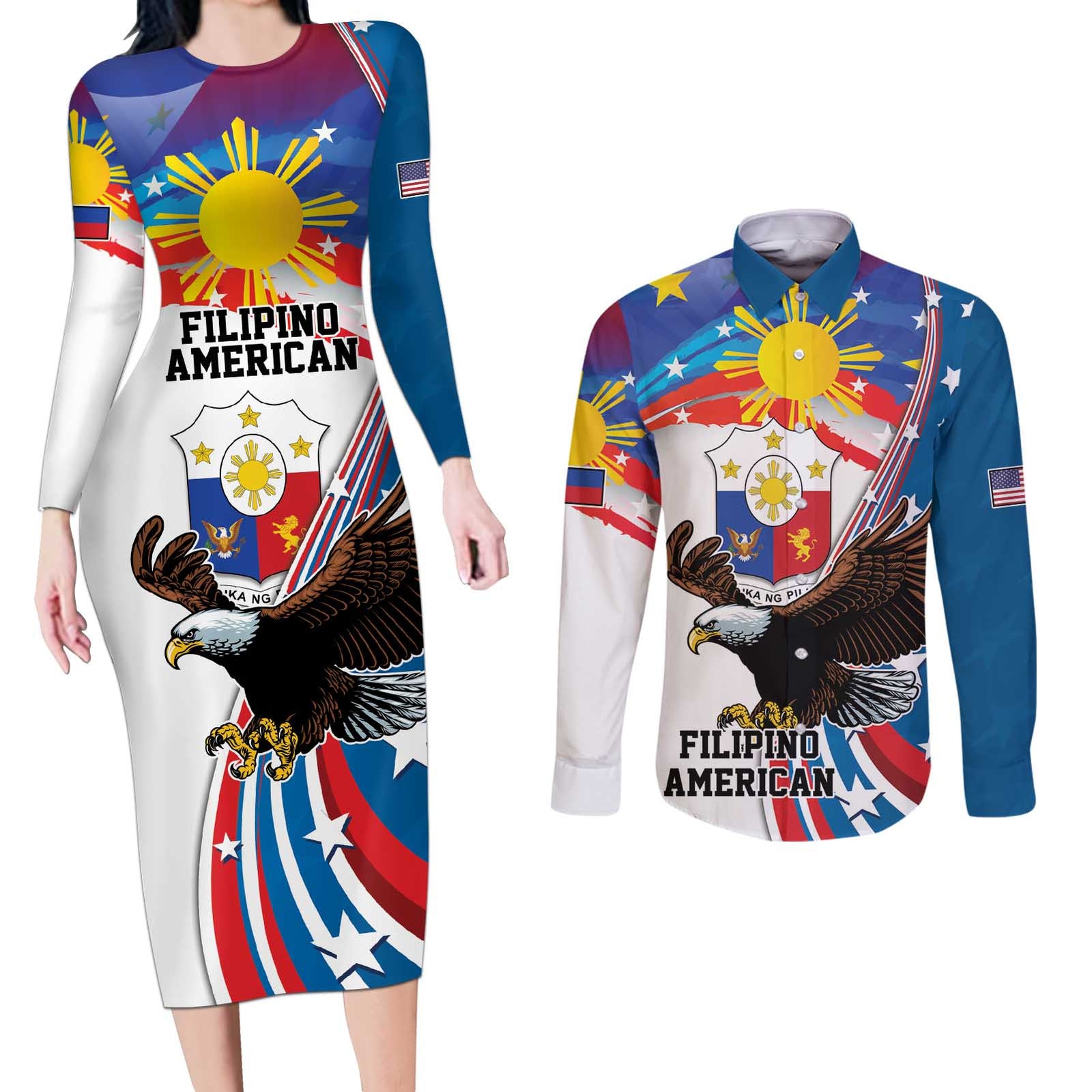 Personalized Filipino-American Couples Matching Long Sleeve Bodycon Dress and Long Sleeve Button Shirt The Eight-Rayed Sun with Bald Eagle LT9 Blue - Polynesian Pride