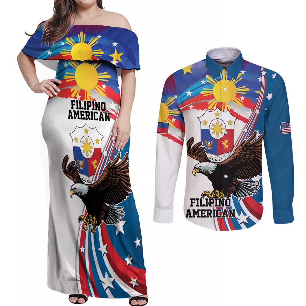 Personalized Filipino-American Couples Matching Off Shoulder Maxi Dress and Long Sleeve Button Shirt The Eight-Rayed Sun with Bald Eagle LT9 Blue - Polynesian Pride