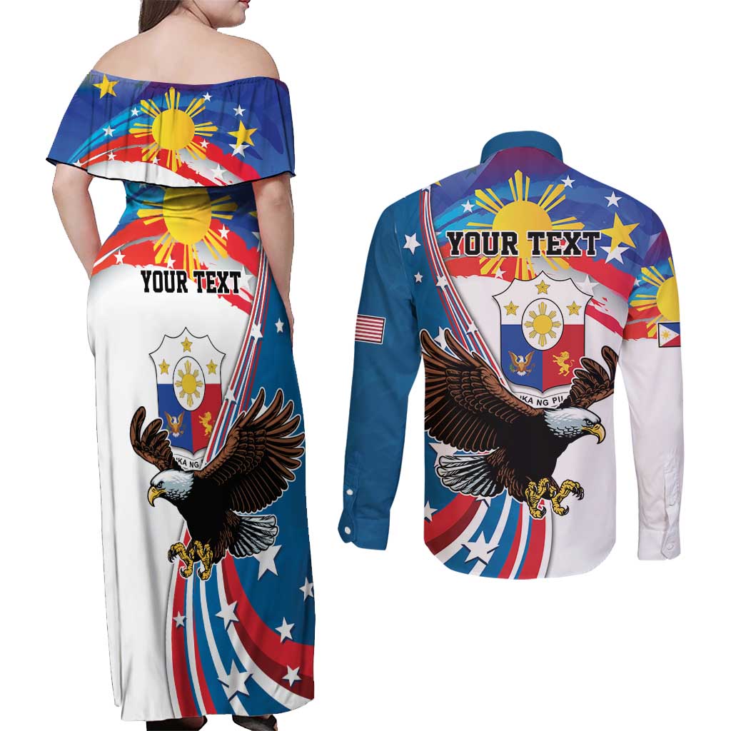 Personalized Filipino-American Couples Matching Off Shoulder Maxi Dress and Long Sleeve Button Shirt The Eight-Rayed Sun with Bald Eagle