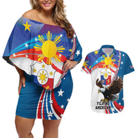 Personalized Filipino-American Couples Matching Off Shoulder Short Dress and Hawaiian Shirt The Eight-Rayed Sun with Bald Eagle